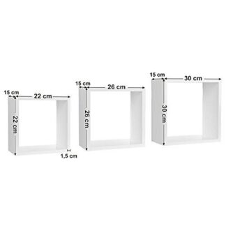 Væghyldesæt med 3 terninghylder 30/26/22 cm, dybde 15 cm, vægtkapacitet 15 kg, MDF terninghylder boghylder hvid