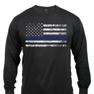Rothco Langærmet T-shirt - 'Thin Blue Line' (Sort, 2XL)