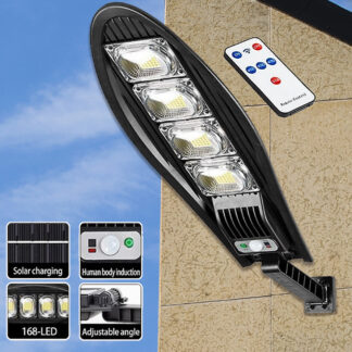LED Gadebelysning 80W - 168LED m/PIR (infrarød bevægelsessensor) inkl. fjernbetjening - solcelledrevet lys -