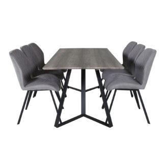 VENTURE DESIGN Marina spisebordssæt, m. 6 stole - grå finer/sort metal og grå stof/sort metal