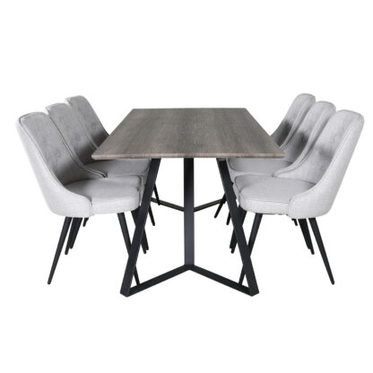 VENTURE DESIGN Marina spisebordssæt, m. 6 stole - grå finer/sort metal og lysegrå stof/sort metal
