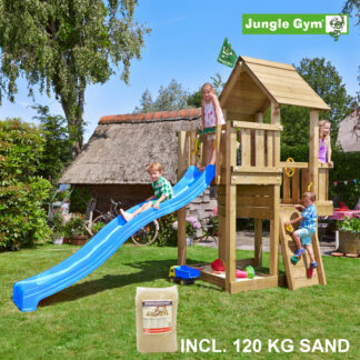 Legetårn komplet Jungle Gym Cubby inkl. 120 kg sand og blå rutschebane