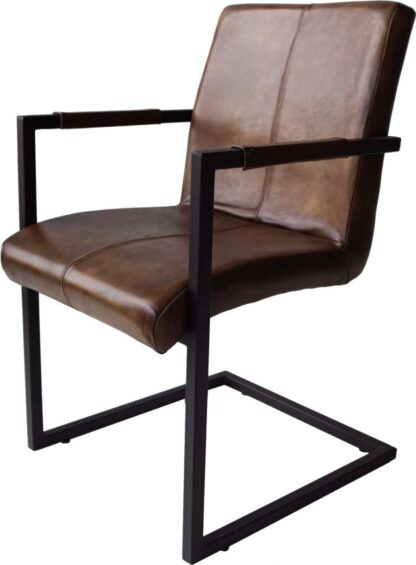 TRADEMARK LIVING Cool spisebordsstol - ægte antikbrun læder og jern, m. armlæn