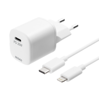 USB-C PD HURTIG oplader / adapter - 20W / 3A - Inkl. USB-C til Lightning kabel - 5 års garanti - Hvid